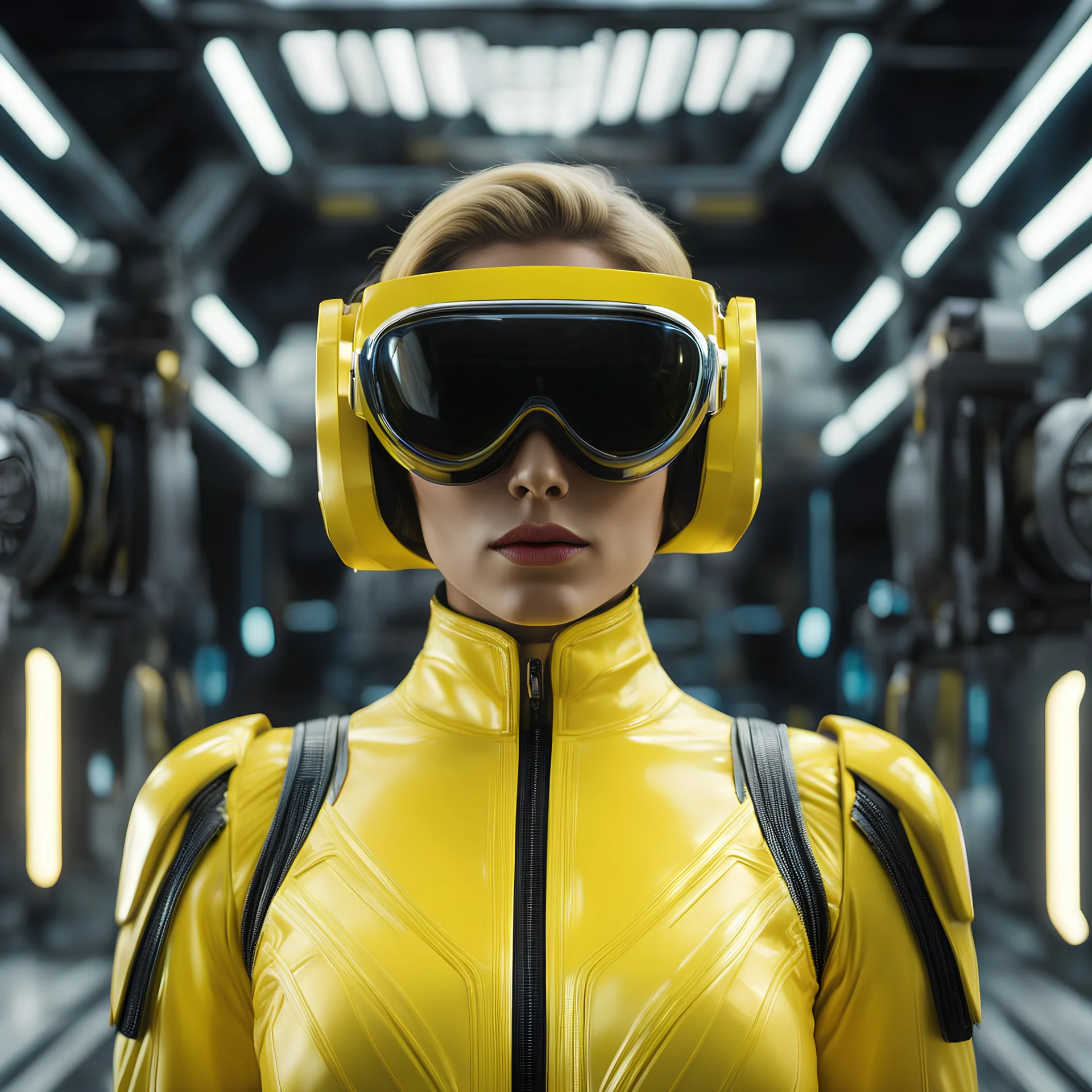 a woman in a yellow bodysuit and goggles, from a 2 0 1 9 sci fi 8 k movie, design milk, symmetrical. sci - fi, anamorphic, by Ryan Barger, daft punk