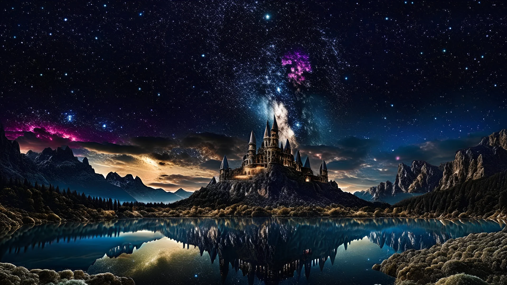 galaxy, space, ethereal space, cosmos, water, panorama. Palace , Background: An otherworldly planet, bathed in the cold glow of distant stars. The landscape is desolate and dark, with jagged mountain peaks rising from the frozen ground. The sky is filled with swirling alien constellations, adding an air of mystery and intrigue. Old castle of london, detailed , enhanced, cinematic, 4k,by van gogh