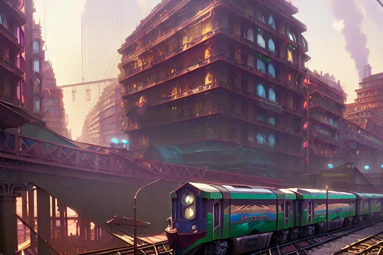 close up train+Elevated train+turin Milan corner building+Italian colourful sea village +alphonse mucha, greg rutkowski,matte painting, cryengine, hyper detailed, felix kelly, fantasy art, seb mckinnon