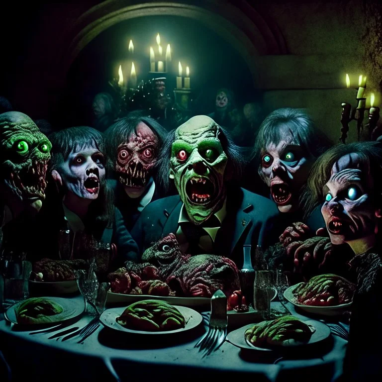 Photograph of a happy year-end dinner of a clique of zombie creatures in Dario Argento style, photorealism