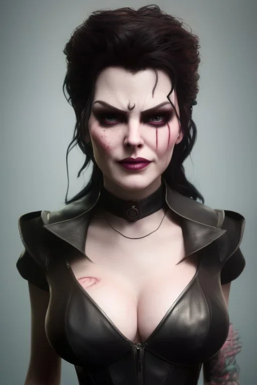 Amy Dumas as evil queen in black leather, leather, busty, cleavage, angry, rage, stern look. character design by cory loftis, fenghua zhong, ryohei hase, ismail inceoglu and ruan jia. unreal engine 5, artistic lighting, highly detailed, photorealistic, fantasy