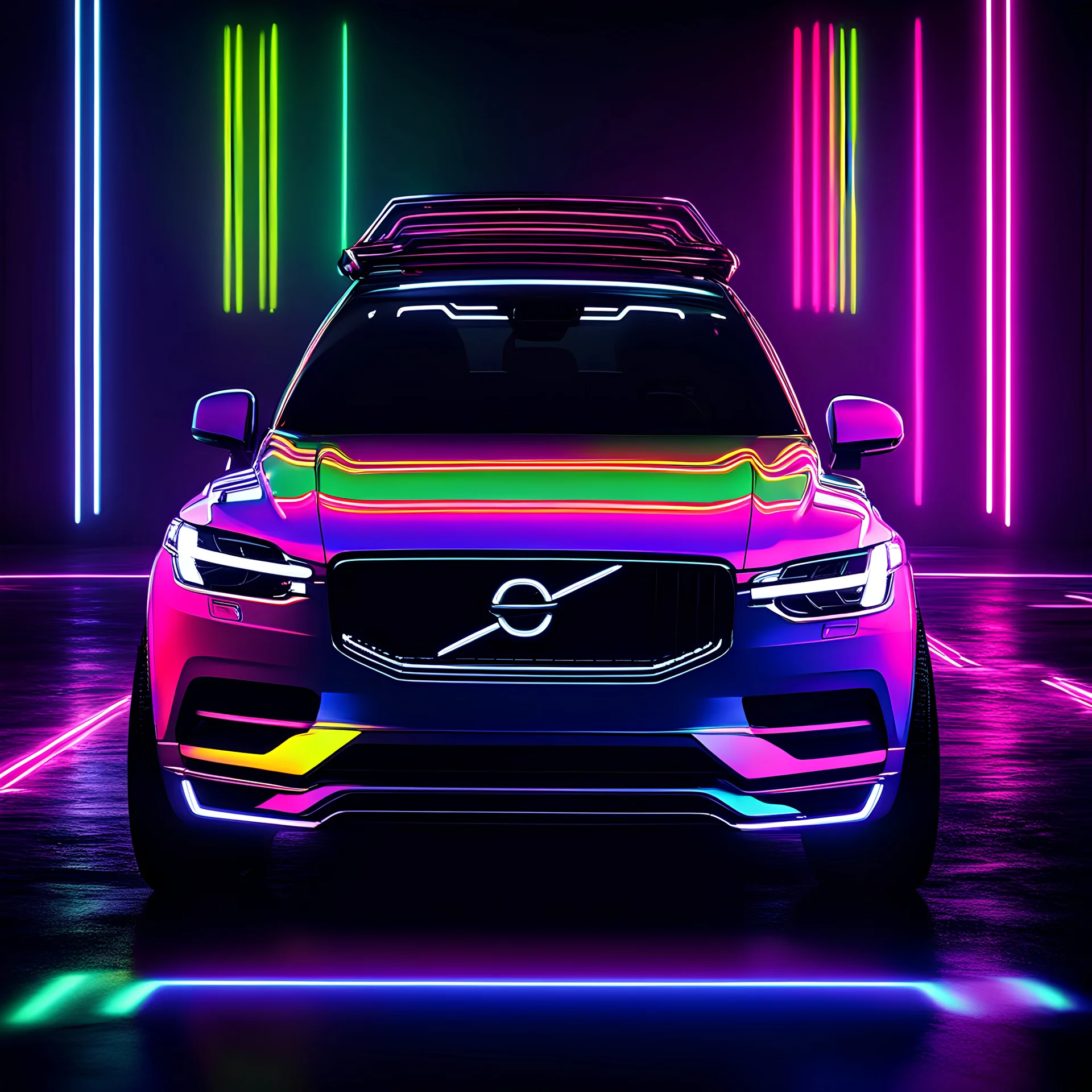 neon light super design futuristic Volvo SUV in the style of light black and multicolor neon flashy transluscent, luminous , machine aesthetics,