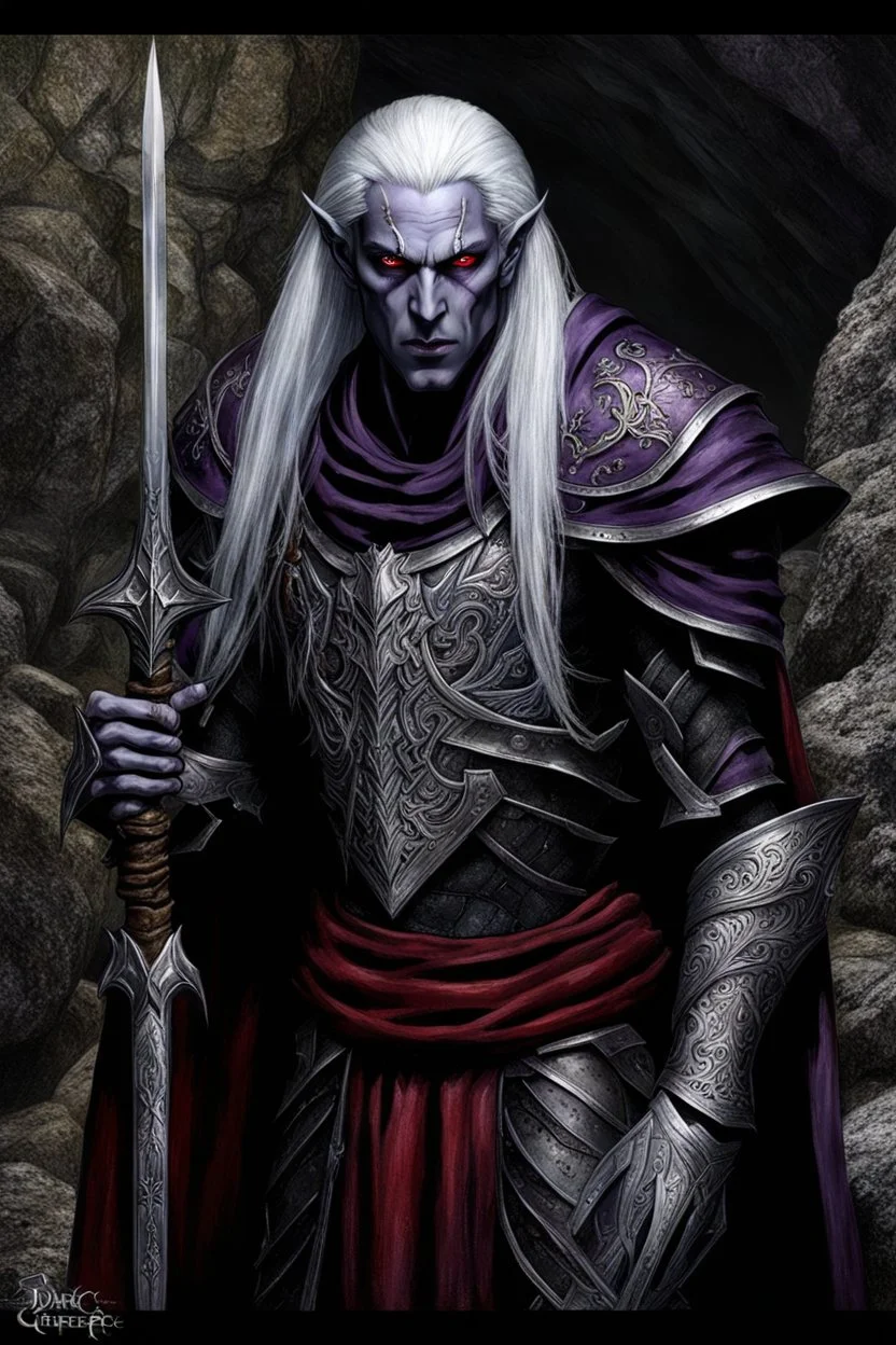 The male Dark Elf (drow) the mysterious warrior with dark purple skinned flowing long white hair and red eyes, slender, tall, wearing dark plate silver metal armor, standing a tall, old stone cave, next rocks, and a little green river, realistic, high detailed, dark fantasy, masterpiece, crepy stunning