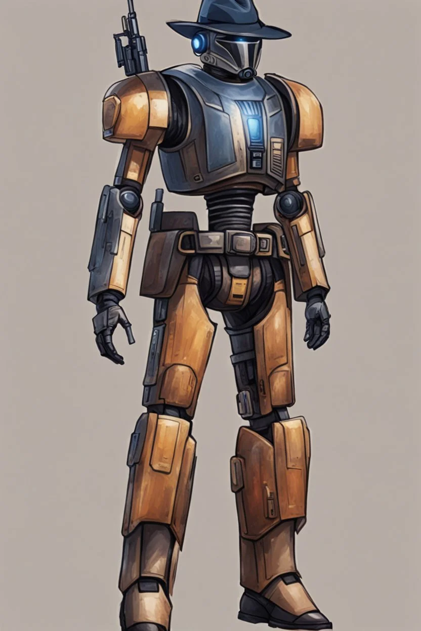 A Star Wars Combat Droid, Wearing Western Cowboy Clothes, Armour looks like Halo, Wearing a cowboy hat and a Cowboy Over-Coat.