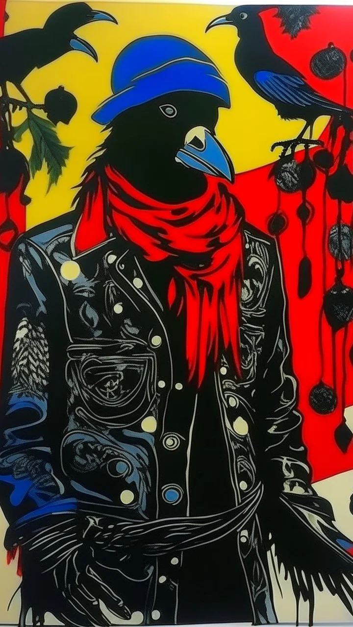 A contemporary serigraphy by Matisse of a human-like crow with a punk leather jacket within a Christmas atmosphere.