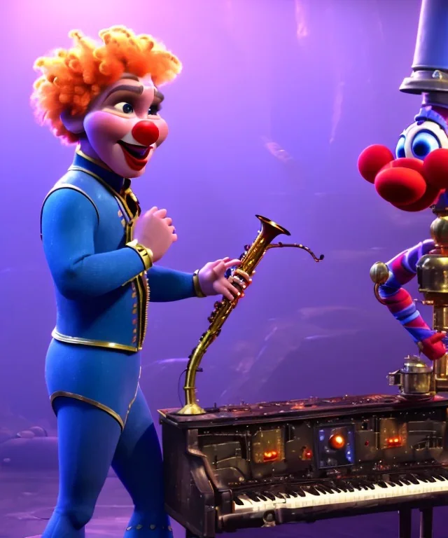 mechanoid clown playing jazz with a steampunk theme, trumpet, realistic