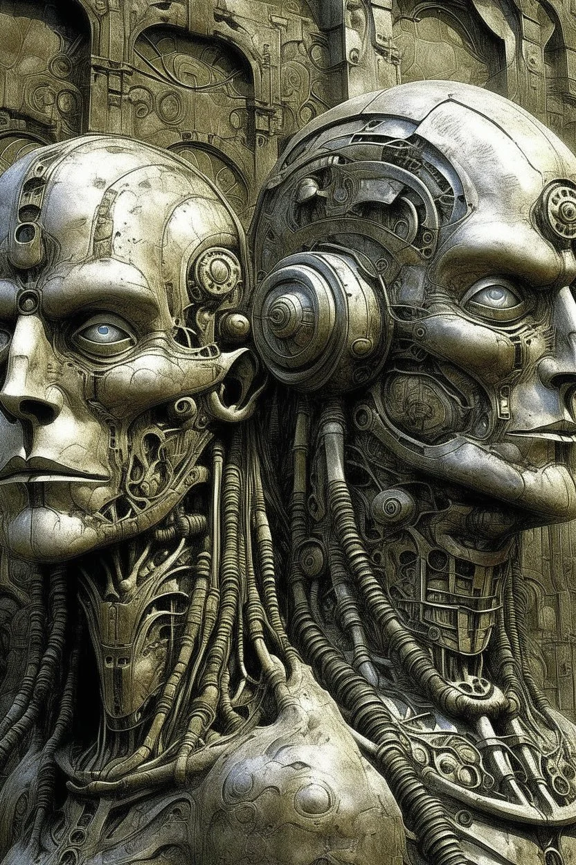 sculpture of a man and a woman , robot , child , young and old Multiple faces . decayed and rotting with grotesque proportions and imagery. abstract grotesqueries, detailed texture, surreal horror, biomechanical design, by hr giger and beksinski