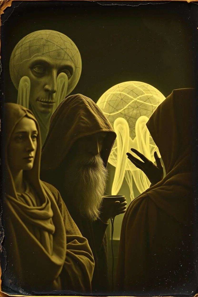 Daguerrotype close up some mysterious figures, odd background, Hieronymus Bosch Max Ernst ambient light, by Minicavio Quollati and Marlost Endgulp, Amano, Botticelli, Alphonse Mucha