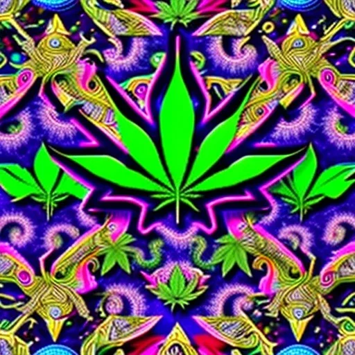 Marijuana, pattern, splash color, bright colors, neon, Psychedelic, detail, 8k, bright light