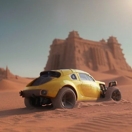 3d rendering. futuristic steampunk yellow car. Buried in desert sand. Lost in Time