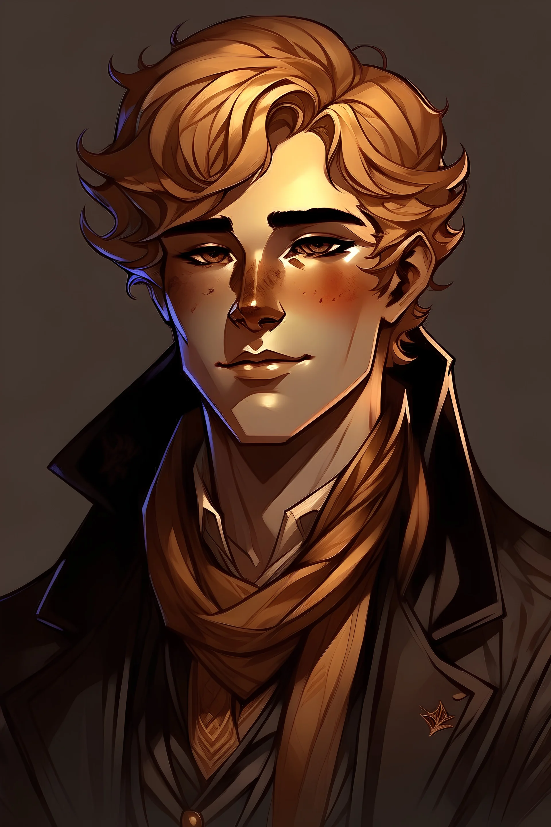 Dnd, rpg, human, male, early 30s, golden hair, short hair, wavy hair, victorian, theif, dark orange scarf, brown vest, black wool blazer, bright blue eyes, facial stubble, content, adult