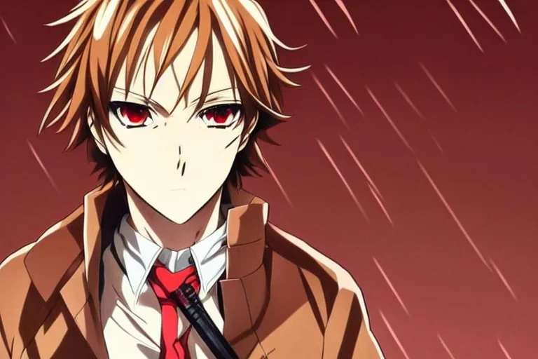 Detailed pretty anime boy, brown hair with blonde strips, keep head in frame, headshot, glaring, brown eyes, covered in bandages, looking serious, illustration, digital painting, only one character, color scheme red, wearing many bandages, Osamu Dazai inspired, anime inspired, manga, dazai, red hair, Chuuya, pretty, scruffy, angry, brooding, manga inspired, small nose, long lower eyelashes, handsome, one character, headshot, glaring, cute, wearing a bandage on neck, small nose, scruffy hair