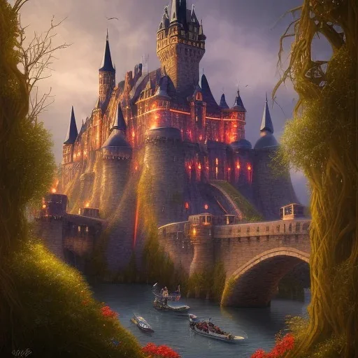 A magical gothic little town of witches with a castle and canals Nick Harris style