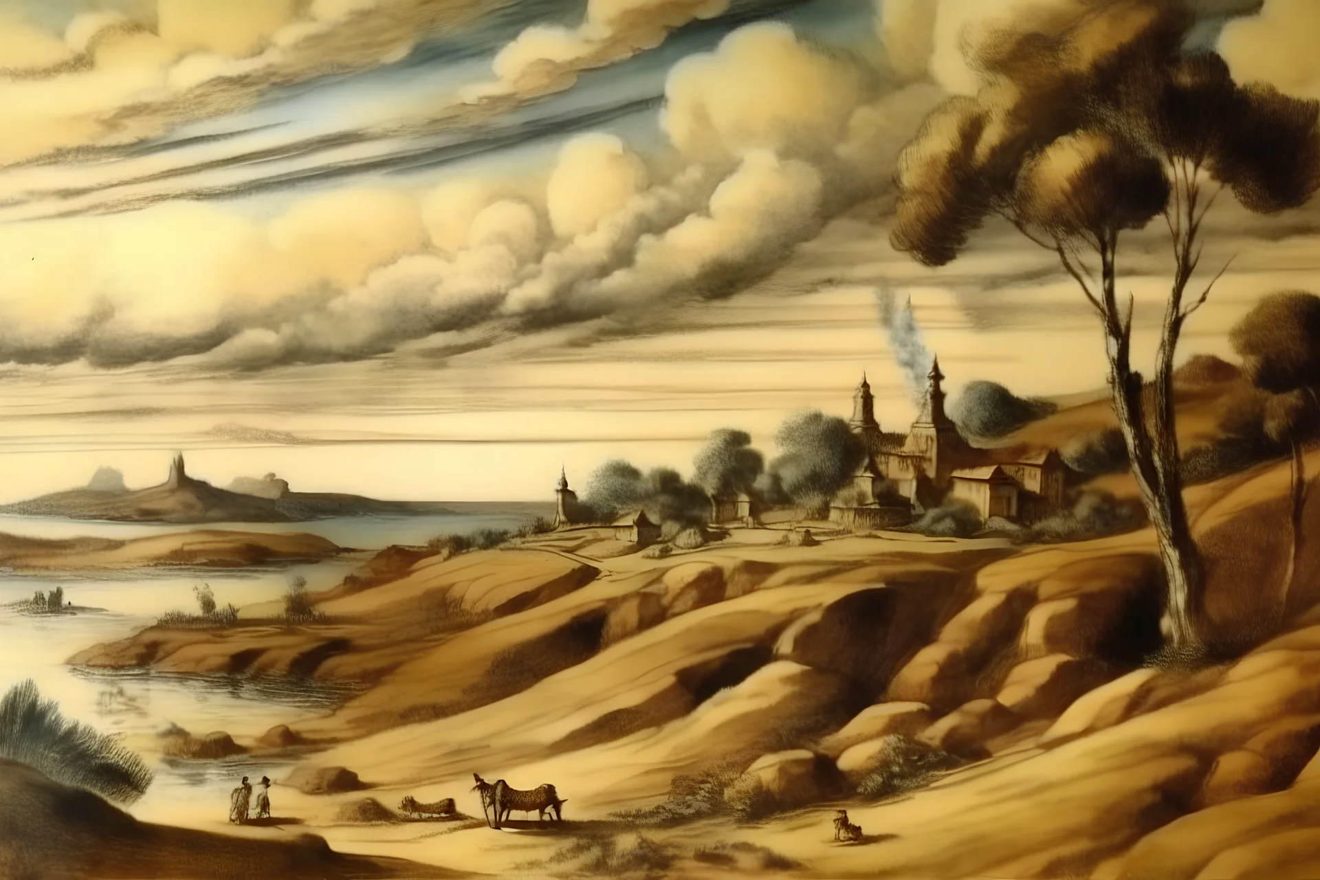 watercolor ,landscape, detailed, colorize, white background, in the style of Thomas Hart Benton