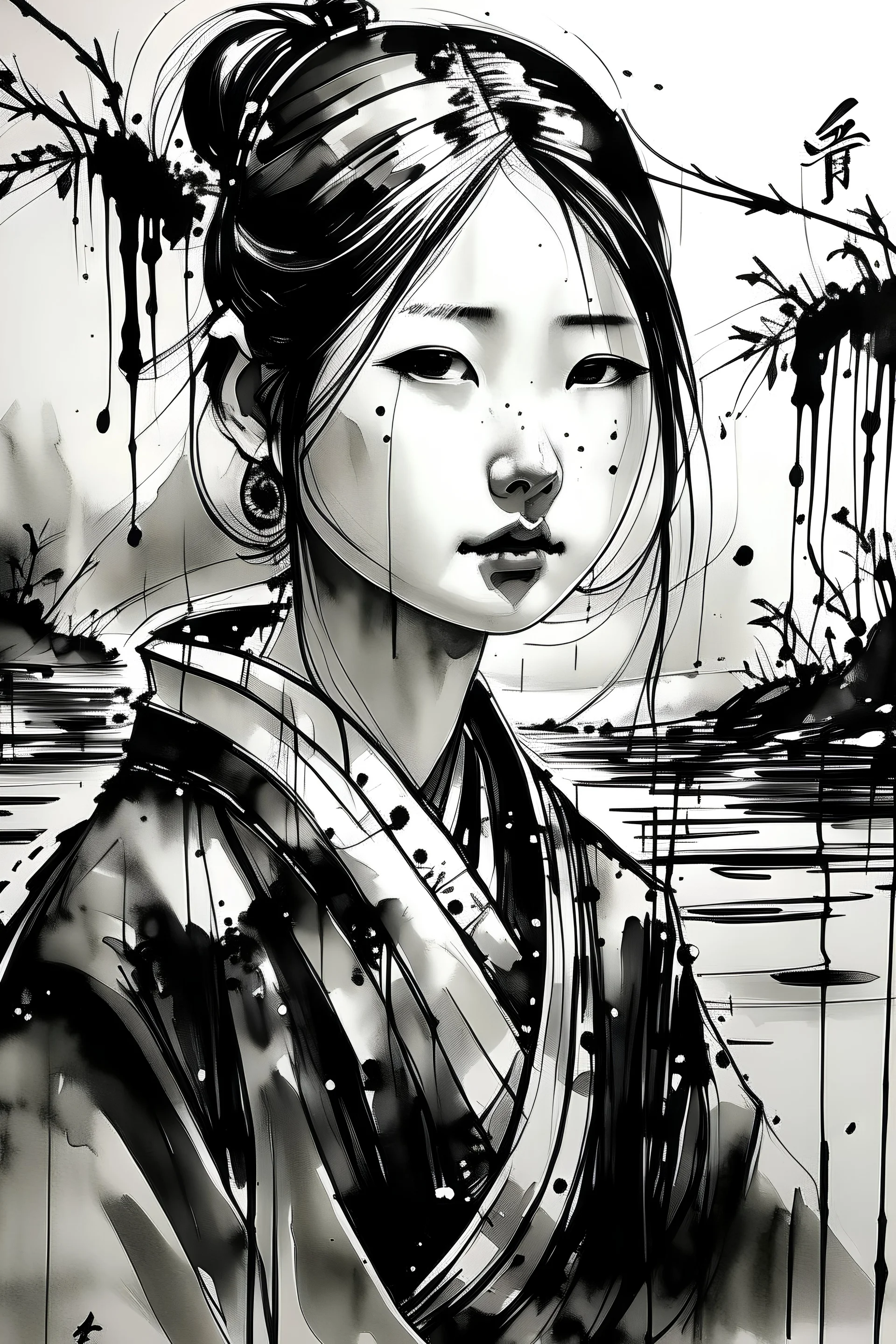 a gril，china ink water