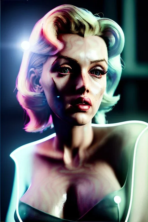 Ultra Realistic image, portrait, blonde woman, sweet Marylin Monroe face, perfect iris, glow eyes, makeup. Cyberpunk style, oversized transparent latex coat, yakuza tattoos.fog, rain, soft color, highly detailed, unreal engine 5, ray tracing, RTX, lumen lighting, ultra detail, volumetric lighting, 3d, finely drawn, high definition, high resolution.