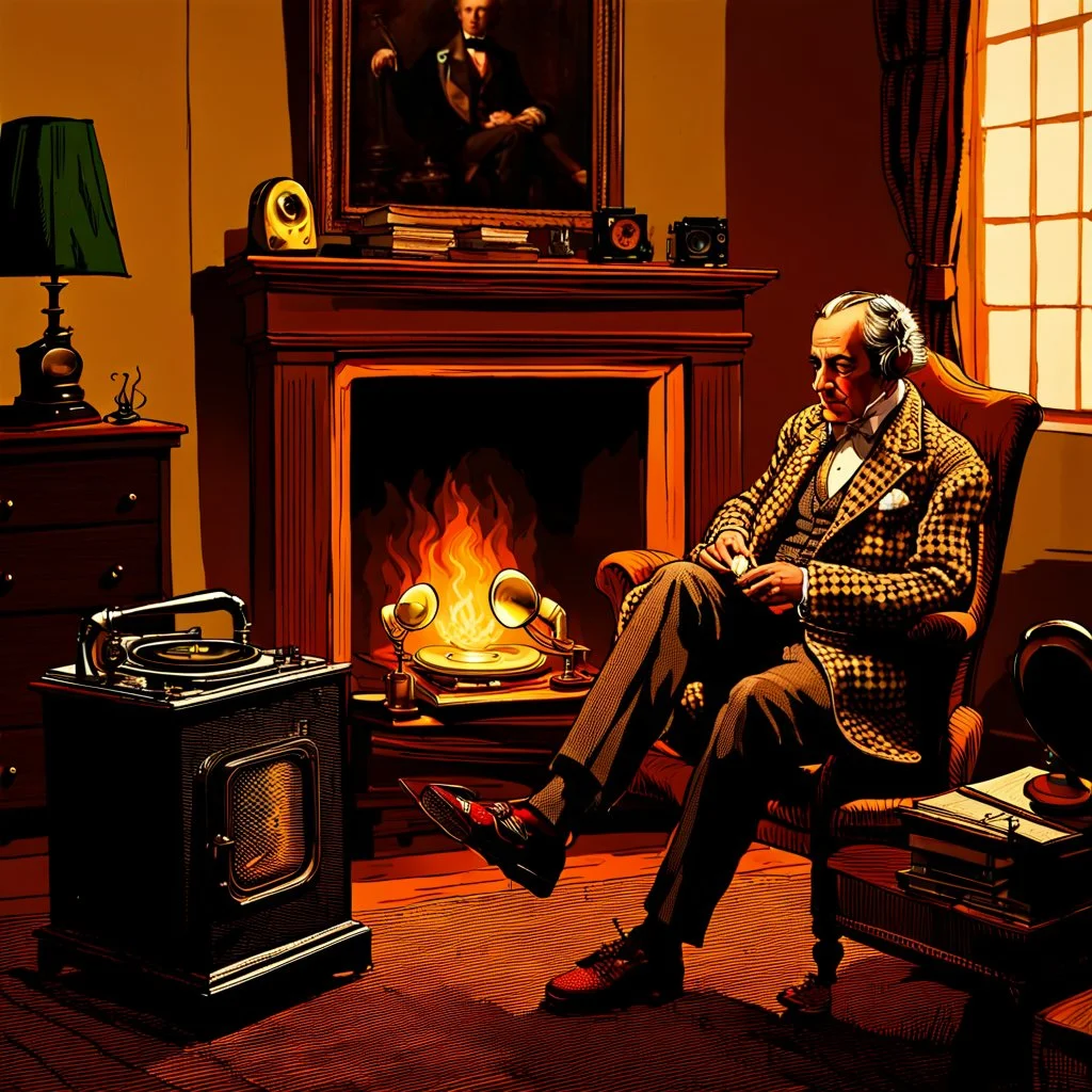 An English gentleman wearing a checkered tweed jacket, wearing slippers, sitting in a wing chair by the burning fireplace, listening to music emanating from an old gramophone, in the background an antique radio receiver standing on a dresser, a bookcase and an oil painting of Queen Victoria, realistic shot, taken indoors In yellowish light, nostalgic atmosphere, 12K