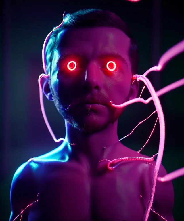 Ultra realistic photographic night portrait, medium shot view, cinematic, many clones naked, young, face shaved, led lights <child man> <hanging wires> many wires connected to the head <perfect pupil> <cyborg> <garage> <sci-fi futuristic> <thriller>, fog, soft color, highly detailed, unreal engine 5, ray tracing, RTX, lumen lighting, ultra detail, volumetric lighting, high definition.