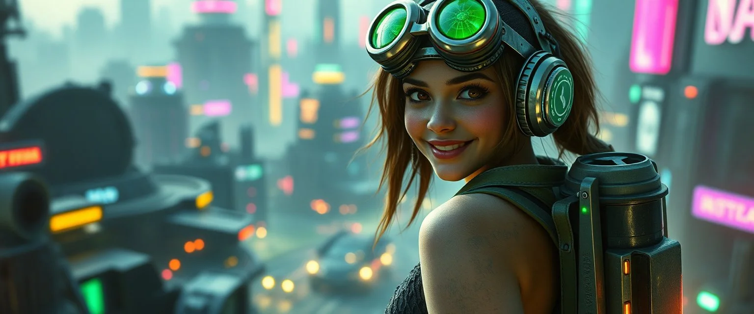 cyberpunk space city, in valley, close up on realistic A charming smiling space pirate hi class girl with disco ball rocket shooting sparks backpack , Blew a fuse in his hips and short-circuited his bits, The Martian fluffy gremlins went wild, the Plutonians dogs screamed, Even black-and-white aliens turned ultraviolet green! in the style of fallout 4 and HR Giger, background motion blur , and volume fog spot lights