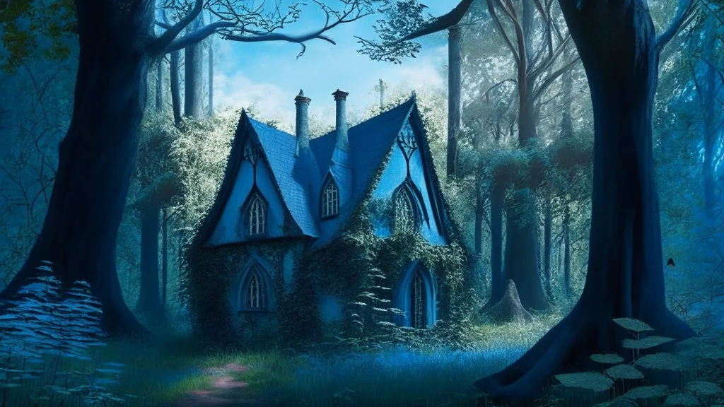 gothic cottage in a woodland glade with blue sky