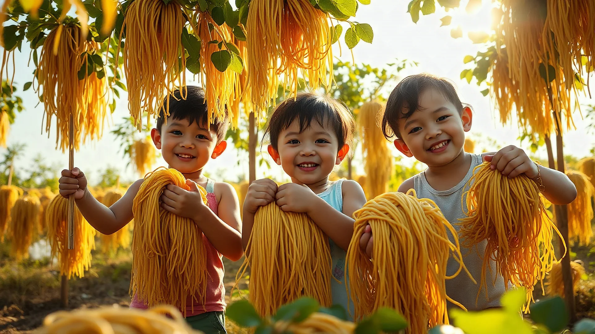 Young children harvesting spaghetti from spaghetti trees, happy, delighted, armfuls of spaghetti, sunshine, octane render, 16k post-production, artstation: award-winning: atmospheric: commanding: clarity: ultra quality: striking: brilliance: stunning colors: amazing depth; lens: f/16, 28mm