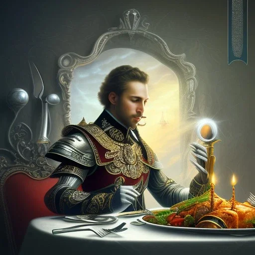 picture of man on wall, shiny fork and knifes on dinner table with cloth, fantasy art book cover