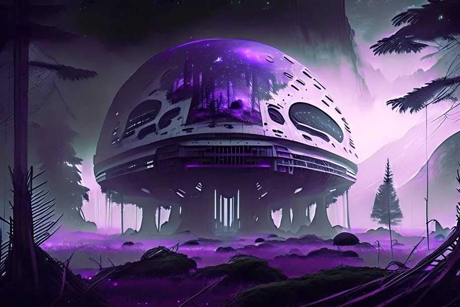 Futuristic Colony, White Building, Human Colony, Large Dome, Alien Planet, Corrupted Forest, Dense Purple Fog, Dead Soil, Black Night Sky, Stars, Space, Distant Planets