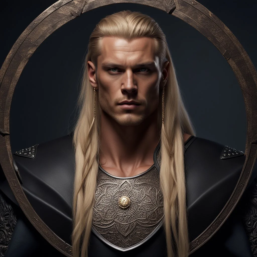 stunningly handsome viking warrior king, muscular, long blonde hair, male age 30, wearing a dark suit, tan skin, tattoos,photorealistic 4k