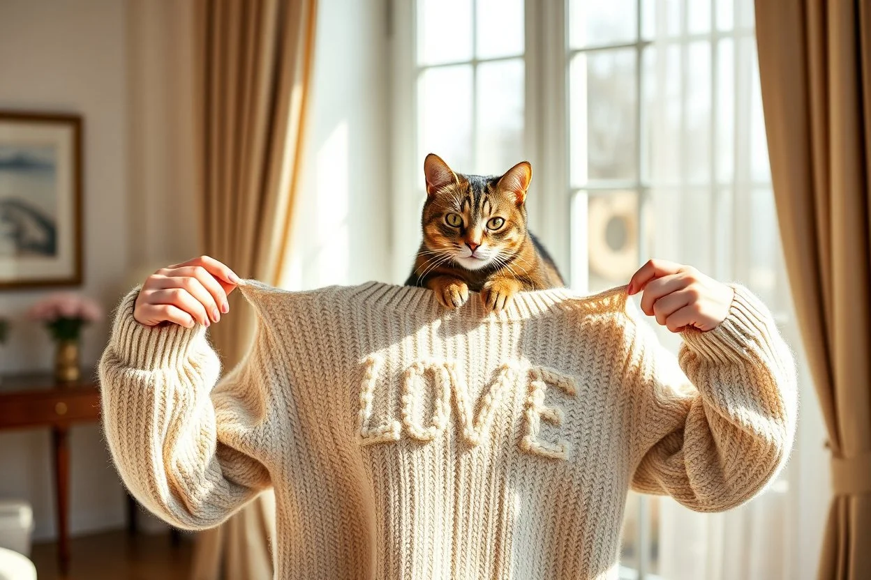 sign "LOVE" on a knitted pullover, photorealistic portrait of an elegant pretty young woman shows off a knitted sweater in an elegant beige-white-brown room S<AI in sunshine, cute tabby cat