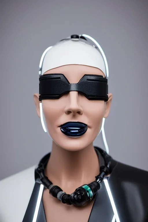 Post-apocalypse. Out. Technological singularity. Fake smile, camera-eyes, cables, selfies, 3D-tiles background, lighted shelf full of heads. Cyber-punk full-mask. Lay figure woman with plastic milky, plank skin. Repugnant behavior. Haute Couture 90's long tippet. Light right. Silver, black, Cyan. Big AKG headphones. Golden rings and discs. Thick tights, Thick calves, Curved fell, Wide hip. Nature. Sweat, tears and blood. Cow. Torso out of neck, fractal, highly symmetrical