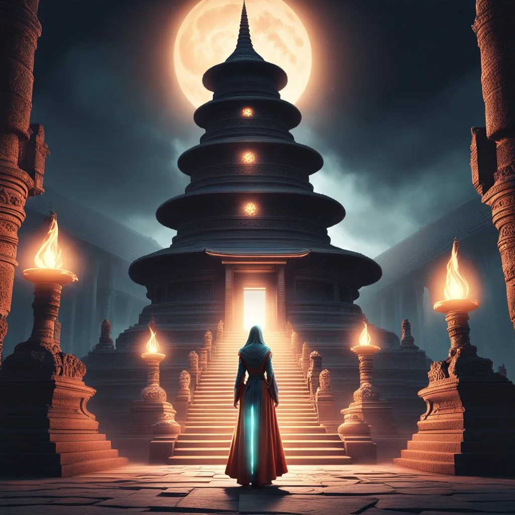 Photo of a luminescent woman mage at night standing in front of an ancient temple in moonlight:: eye_level perspective :: dark :: 3d shading, extreme detail, digital art, 4k, ultra hd, mist