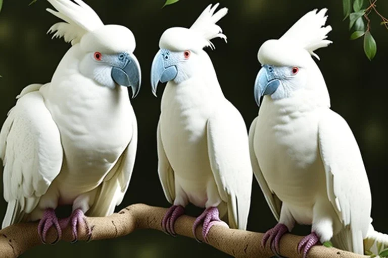 Two sulphur crested cockatoos are sitting on a branch and eat a peanut. Realistic. Sift colours.