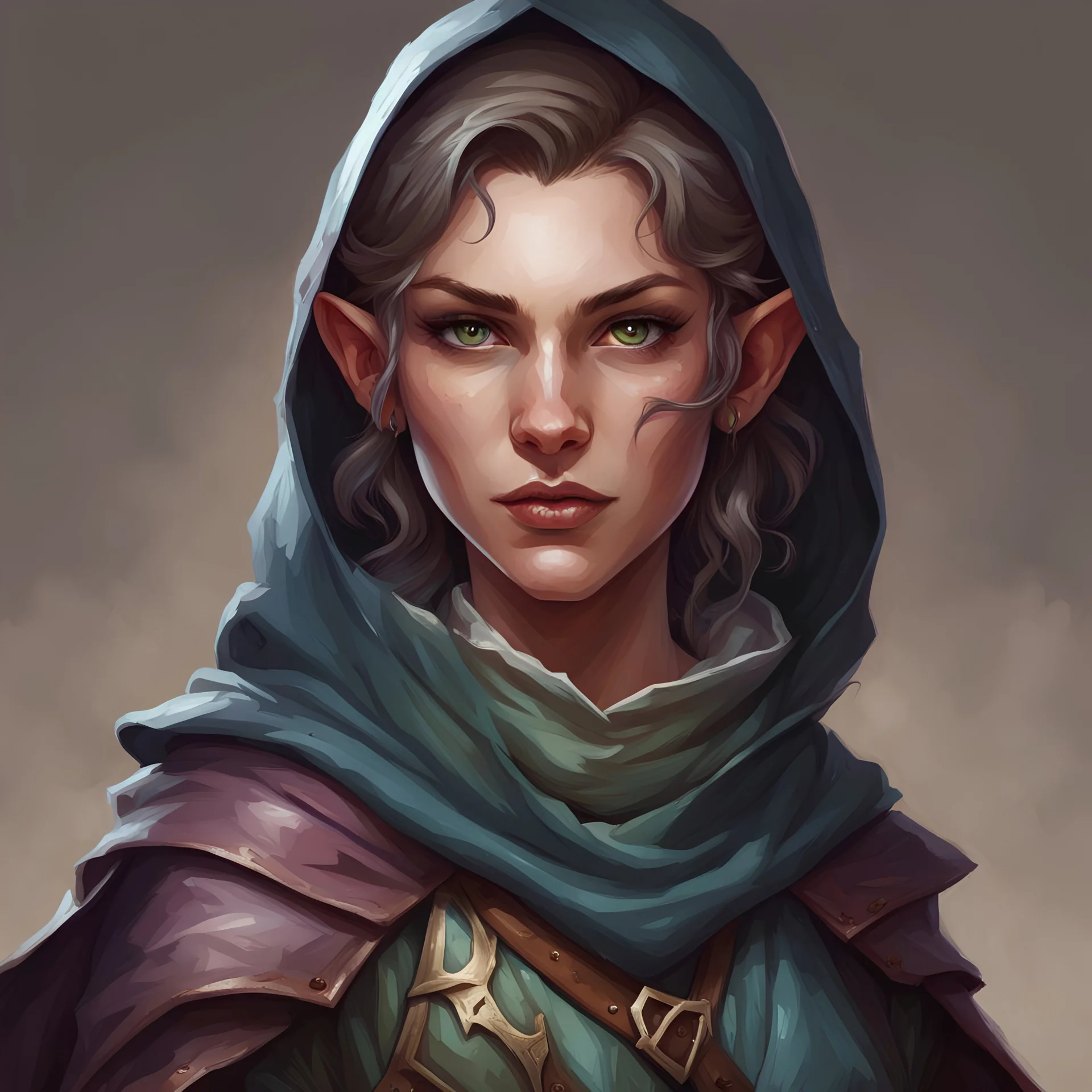 dungeons and dragons; portrait; solid background; half elf; female; thief; cloak; mischief