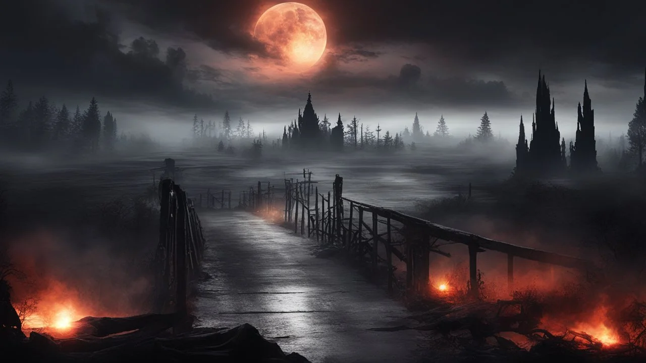 walking straight ahead over a wooden bridge, holding the angel of death with your right hand, entering the fog at the end of the road that leads to the afterlife, and a beautiful sunset and galaxy's behind the fog, realistic