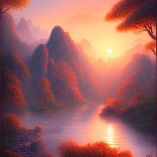 uma paisagem chinesa com rios e arvores, por do sol ao fundo, desenho a lapis, tons pastel, luz suave