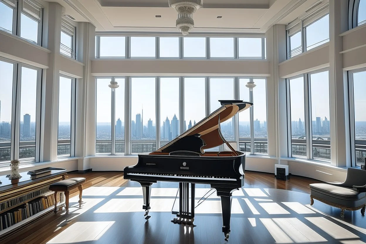 large room on the top floor of the building, with large windows through which you can see the city's skyscrapers. In the white room there are columns every twenty meters. In the center of the room there is a piano, also white, with an elderly man playing a melody and dressed in a tuxedo. A top hat on the piano. In front of the piano is a large mirror in which a figure is reflected, also wearing a tuxedo but with the face of a skull from which worms come out of the nose, eyes and ears and from th