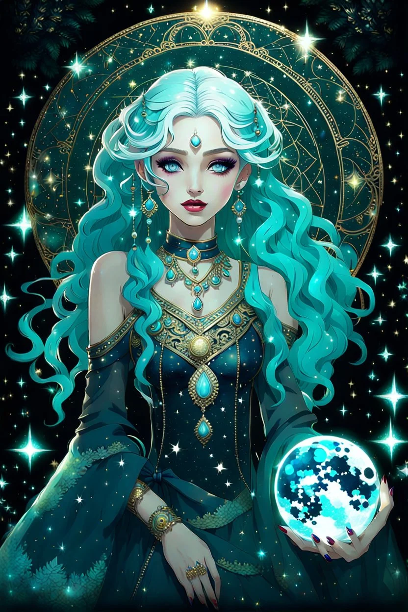 A beautiful girl with glowing starry eyes. And with turquoise hair decorated. And full body. Holds 10 glowing glass beads with a moon inside .girl void. full body Glowing golden eyes and white hair. Standing on a land of water embellished with sapphires and ornate trees. And beautiful buildings. And a sky full of star. realistic