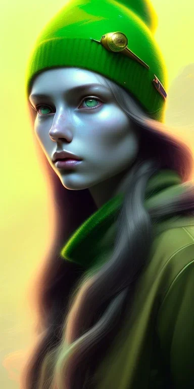 girl, cute, beautiful, long hair, wavy hair, green hair, blue eyes, green beanie, green coat, black tee shirt, head and shoulders portrait, 8k resolution concept art portrait by Greg Rutkowski, Artgerm, WLOP, Alphonse Mucha dynamic lighting hyperdetailed intricately detailed