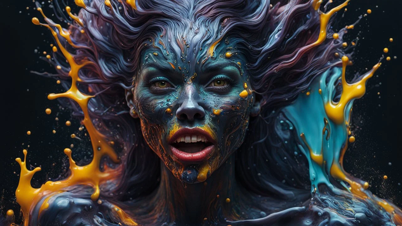 Unsplash art, a quirky liquid portrait of a hauntingly beautiful dark werewolf woman, splash style of paint, Pixar style, Halloween colors, hyper detailed intricately detailed, fantastical, intricate detail, splash screen, liquid, gooey, slime, splashy, fantasy, concept art, 8k resolution, masterpiece, melting, complex background, intricate detailed, dark colors, fantasy, concept art, digital art, intricate, oil on canvas, masterpiece, expert, insanely detailed, 4k resolution.