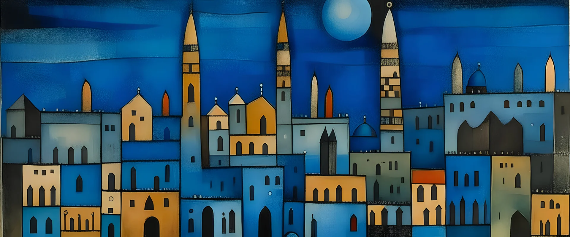 A blackish blue metropolis with chess piece buildings at night painted by Paul Klee