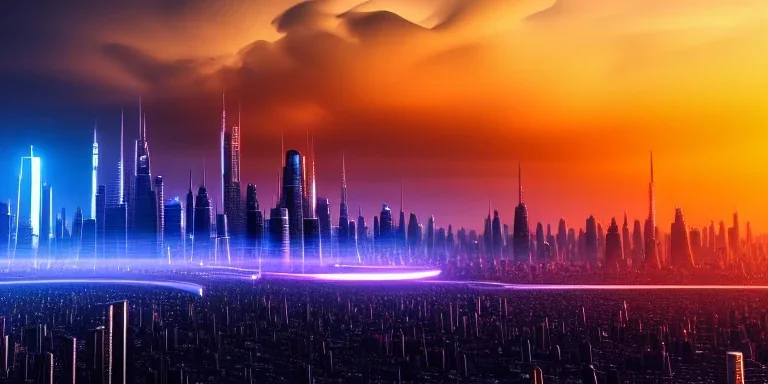 apocalypse, chaotic, magnificent, realistic, colorful, massive, epic, ray tracing, cinematic, 8k, HD, Ultra High Definition, photo film, film grain, hyper-detailed, retrowave metropolis giant futuristic city at night