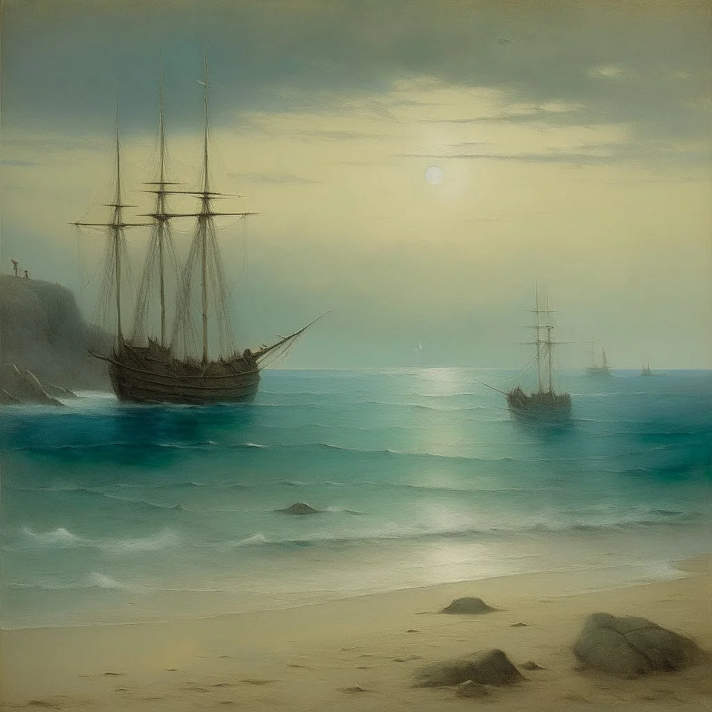 A grayish blue beach with pirate ships painted by Birge Harrison