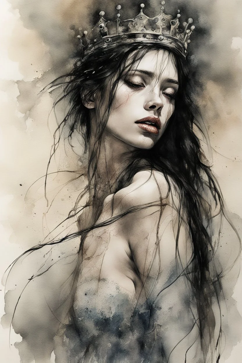 Hyper-photorealistic watercolor art style by Agnes Cecile, Surreal fine art etching of a figure by Luis Royo, tanned skin inscribed with the transient story of mortality, ethereal light playing with its form whispering tales of an eternal realm, eyes, black as the depths of the night, ardently pinand looking towards the endless skies, a crown of black hair mirroring the mystery of the cosmos around, whole scene tinged with an ethereal softness from volumetric lighting, hues gr,