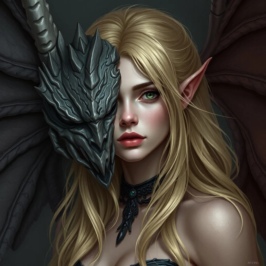 a blonde fantasy woman who is turning into a gargoyle, her face is partially stone, digital art, stylised