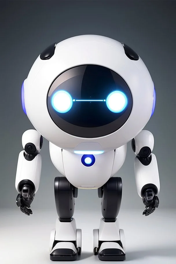 cute minimalistic robot with a big head, small and simple body, oval forms, digital face with pixeled eyes, happy face, head and body as one, white skin, no legs, no feet, integrated painter arm, 3/4 angle, awesome pose, white background