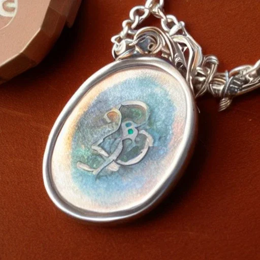 pendant made out of two silver coins, watercolor, large strokes, illustration, fantasy