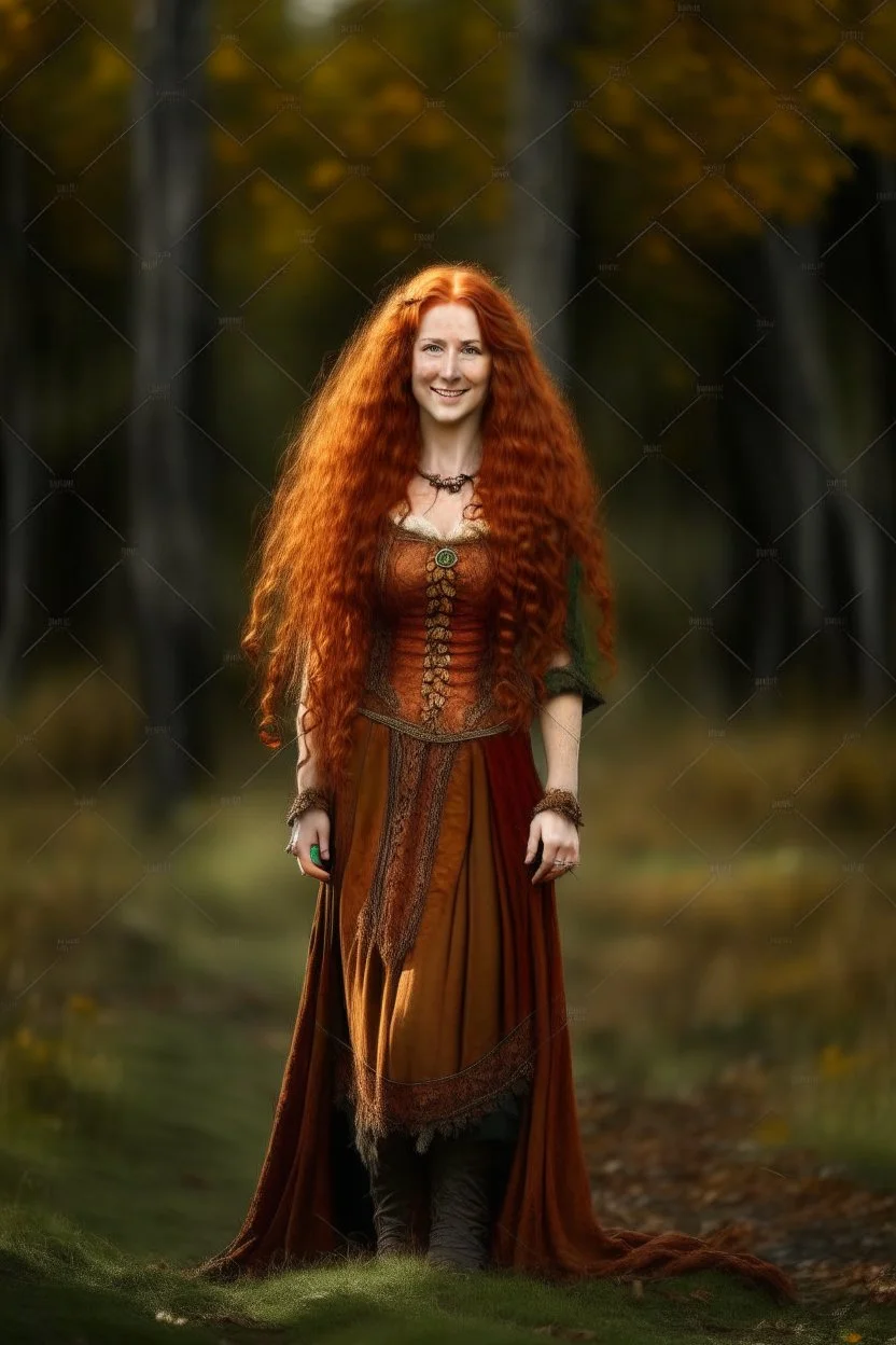 full body portrait of a beautiful 30 year old highlander woman with long reddish curly hair, curvy body, earthbound, warm-hearted, leader, goddess-like