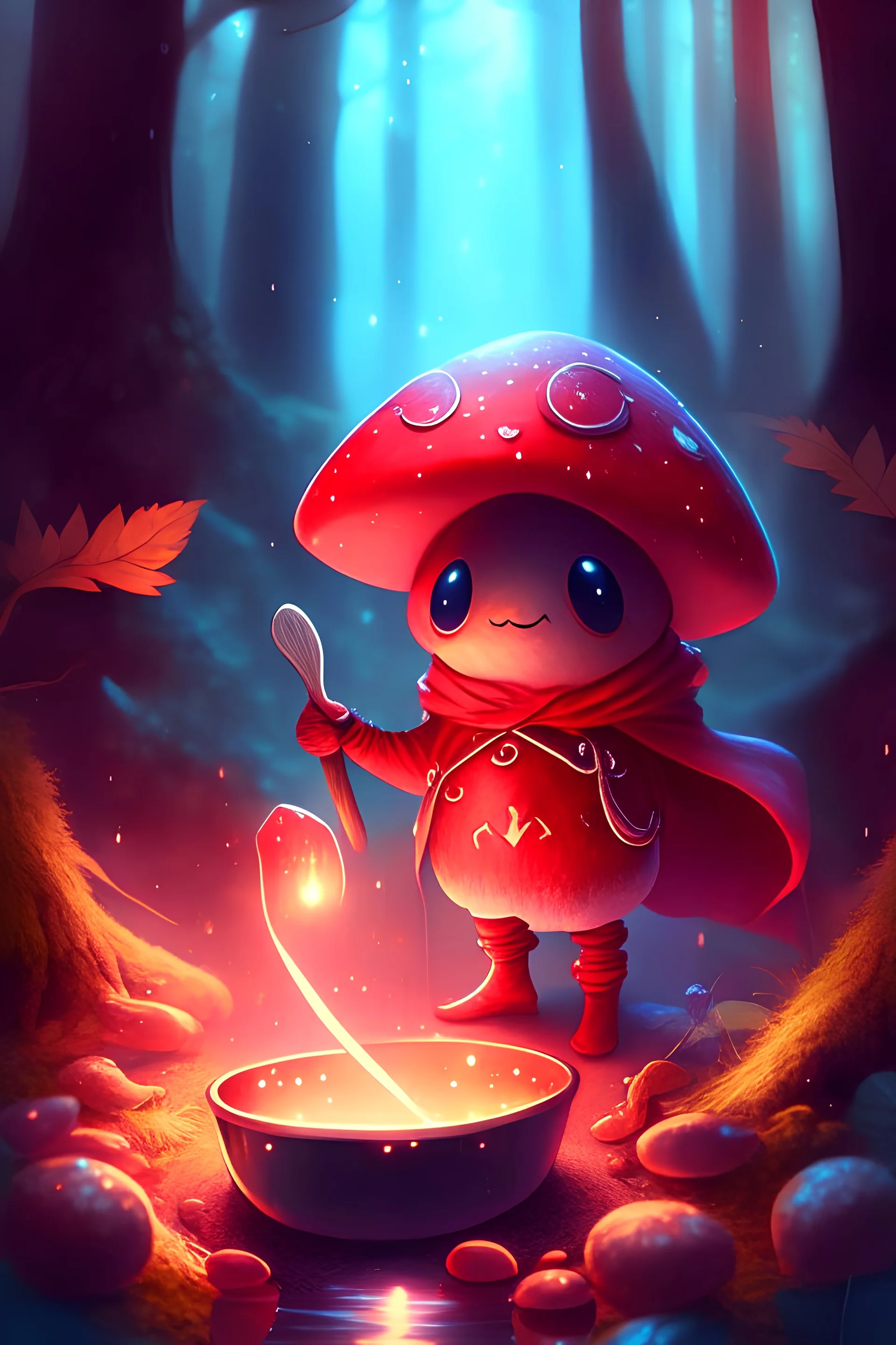 cute magical red mushrom with a human body , sword and red cape cooking soup in the forest , glow, shiny,fantasy
