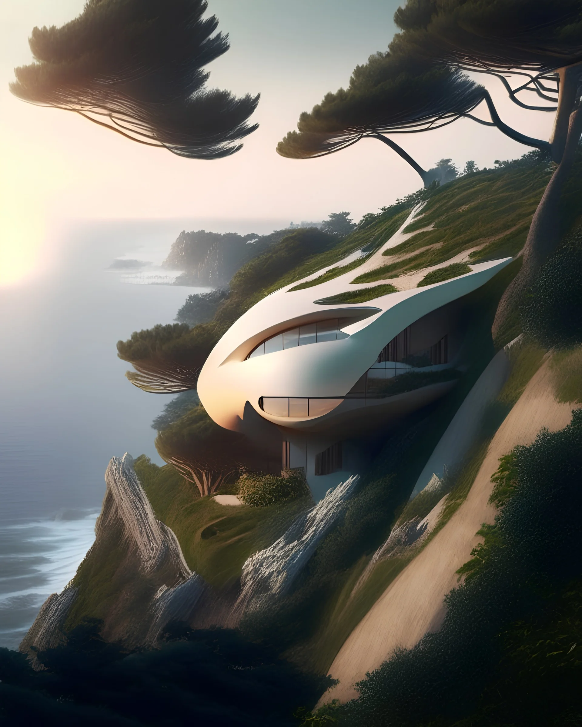 Country house on the cliff with egg shape, Zaha Hadid style, sea view, trees, hot weather, brutalist art, hyperrealist, 8k