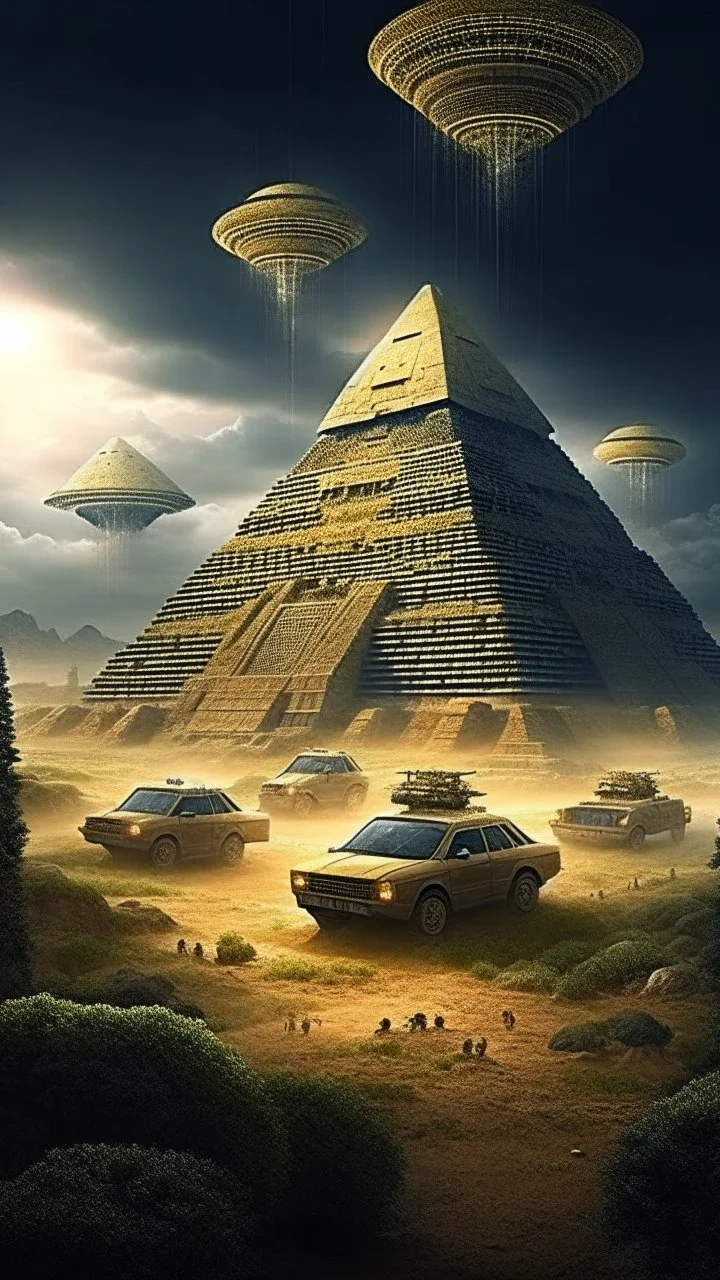 Ancient pyramids with fururistic technology, homes around. People driving spaceships. Thunderstorm